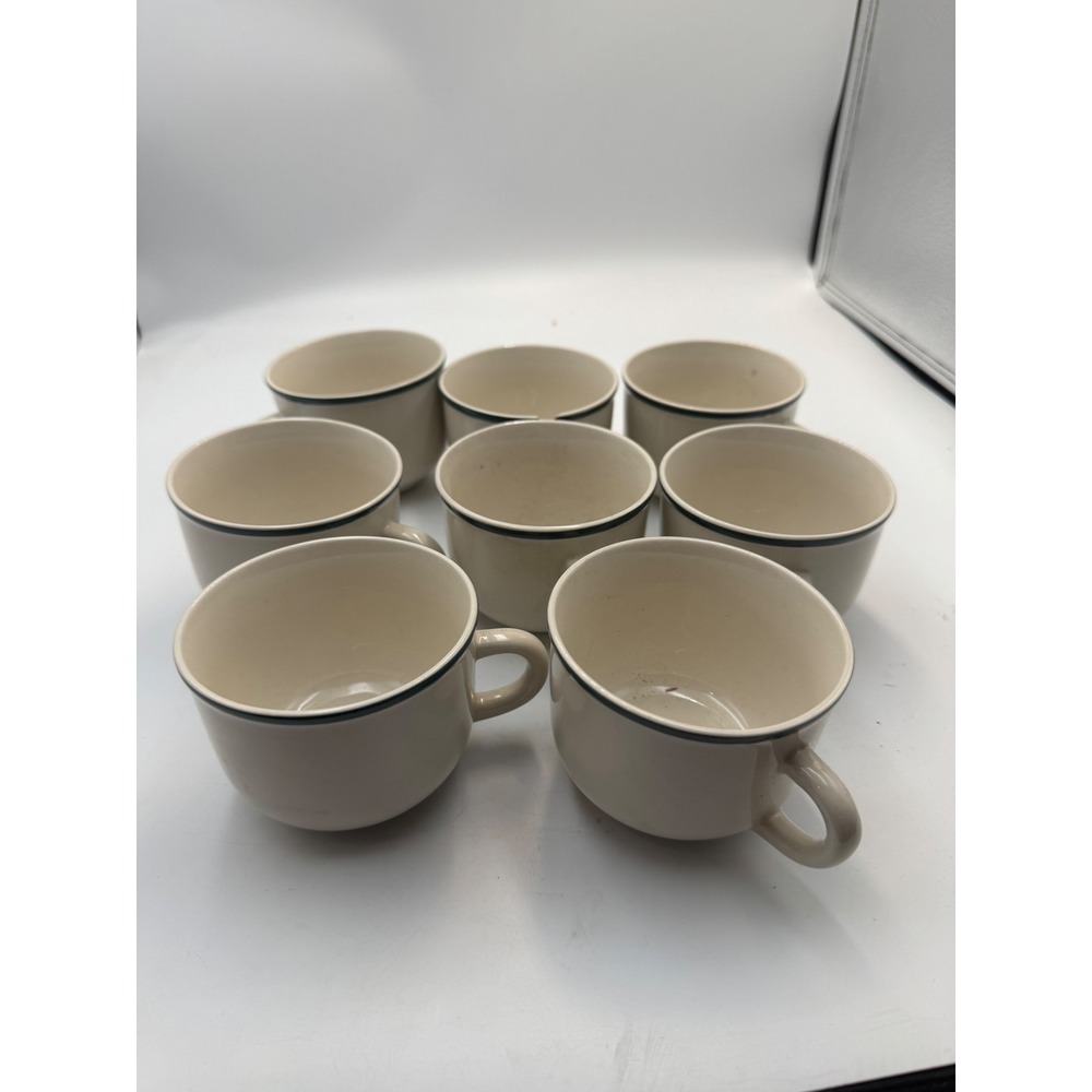 Farberware Rondo Green 3057 Coffee Mugs Set of 8 Cream Green Rim Ceramic Cups